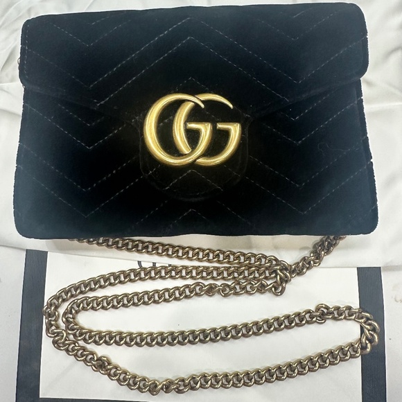 Velvet Matelasse GG Marmont Chain Wallet Bag Black - Picture 1 of 8